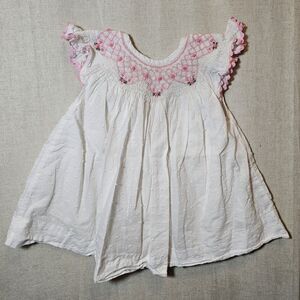 Sweet Southern Smock White Swiss Dot Pink Rose Smocking Ruffle Sleeve Girl 2T